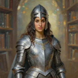 portrait of meghan, armor, helmet, gray robes, runes, jewelry, mystical, ethereal, magical library bokeh, painting by greg rutkowski and alphonse mucha