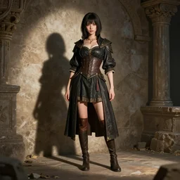 shadow and light, costume design from HOMM3 designers, sophisticated composition, old masters light composition, procedurally generated, casual girl character posing for cinema shot, ancient ruins behind, substance designer, PBR, HD, Ultra detailed, hyperrealistic, megascans, volumetric light, concept by master artist, made in paint tool SAI2, trending pixiv face