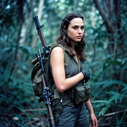 film still of gal gadot in the jungle as a vietnam door gunner with rpg on her back, apocalypse now, associated press,, 2 6 mm, kodak ektachrome, blue tint expired film