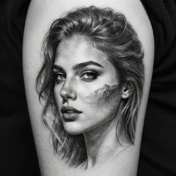 tattoo design sketch of a beautiful woman face with a realistic faded mountain scenery on her side, hyper - realistic, double exposure effect, in the style of matteo pasqualin, amazing detail, black and white, faded