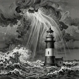 a lighthouse during an intense thunder storm, etching, huge waves, in the style of gustave dore