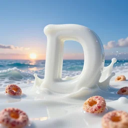 side view extreme close up of a white vitamin d milk ocean sea. nice blue sky setting sun on horizon. an ocean of gentle rolling waves made of white milk. there are a few floating fruit loops cereal on the milk. digital art, cgsociety award winner, ue 5, 4 k, dramatic lighting, subsurface scatter, hdr.