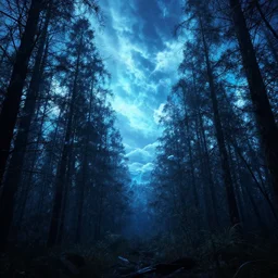 cyberpunk forest with blue ice clouds in the sky