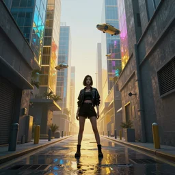 cyberpunk girl hiding in gray alley surrounded by colorful glass buildings, flying cars, golden ratio, volumetric lighting, reflective, artstation,