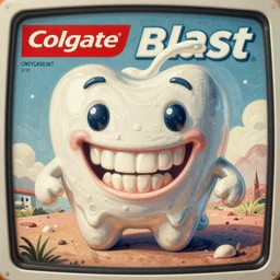 A Colgate-shaped creature with a big smile all over the place, advertisement for toothpaste, toothpaste blast, 3D physical tactile illustration vintage, TV Commercial break, toothpaste advertisment poster printed CMYK ink colored lithography, big smiling perfect teeth shiny porous skin, fluid toothpaste covering everything