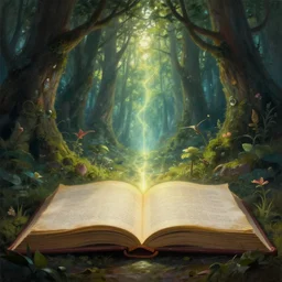 a gorgeous painting of an open book that is a glowing portal to a fantasy woodland, fantasy concept art, highly detailed, cinematic lighting