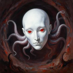 painting by greg rutkowski of a flying chalk white human face, with tentacles coming of the neck, red eyes, flying in a terrying hell like cavernous place