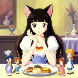 character portrait of the cat princess at dinner, color page, 4 k, tone mapping, dolls, akihiko yoshida, james _ jean _ andrei _ riabovitchev _ marc _ simonetti, yoshitaka amano, digital illustration