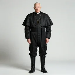 john paul ii standing in a black puffed nuptse, black cargo pants and high black boots