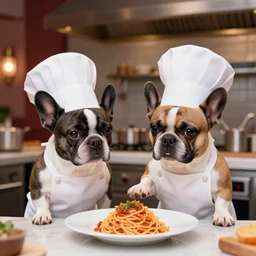 a 8k highly detailed still photo by Anne Geddes of Two multi-colored French Bulldogs in chef hats and aprons starring on a cooking show, a plate of spaghetti is prepared, a high end restaurant kitchen in the background, bokeh