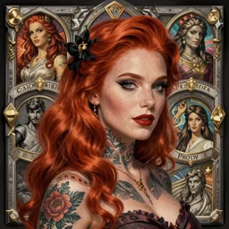 redheaded tattooed pinup gillian andersson, deep focus, d & d, fantasy, intricate, elegant, highly detailed, digital painting, artstation, concept art, matte, sharp focus, illustration, hearthstone, art by gil elvgren, hugh ward, art frahm, hubbard sundblom, alberto vargas, artgerm and greg rutkowski and alphonse mucha.