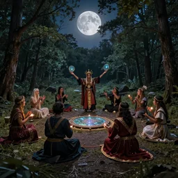 Shamanistic ritual being performed in a clearing the middle of the woods. A full moon is in the sky. A scrying mirror is in the middle of the circle. Ornate costumes are worn by the participants. Digital art.