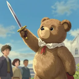 a teddy bear pointing a sword at the sky, illustrated by miyazaki by karol bak, james jean, tom bagshaw, rococo, sharp focus, trending on artstation, cinematic lighting