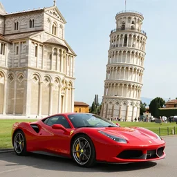 a ferrari car next to the pisa tower