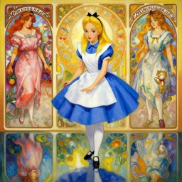 a beautiful insanely painting of alice in wonderland, reflexions, colorfull, by william turner art, by greg rutkowski, by alphonse mucha, by james jean, by rossdraws, by frank franzzeta, by sakimichan, trending on artstation, insanely detailed, masterpiece,