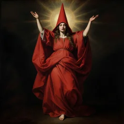 ascension of the scarlet woman by caravaggio adolf wolfli beksinski jan van eyck francis bacon, fantasy, ecstatic visions, black void, religious ritual, epiphany ascension, red robe, conical red hood