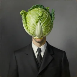 painting of a man with a cabbage in the place of his head, masterpiece, painted by René Magritte
