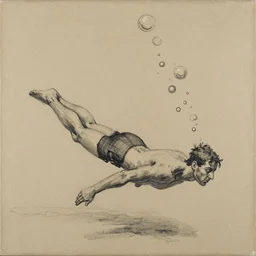 loose dry brush sketch on canvas of a diver and lots of bubbles by paula rego