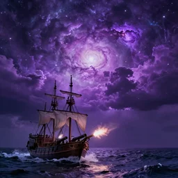 purple color lighting storm with stormy sea, pirate ship firing its cannons trippy nebula sky with dramatic clouds 50mm shot