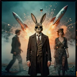 kodak portra 4 0 0, wetplate, muted colours, teal and orange colours, explosions, rockets, funny sunglasses, krampus, bunny head, the walking dead, 1 9 2 0 s style, motion blur, portrait photo of a backdrop, bombs, sparkling, fog, by georges melies and by britt marling