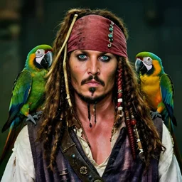 johnny depp as jack sparrow with a parrot on the shoulder, realistic portrait, 8k resolution, hyper detailed, dramatic lighting, cinematic