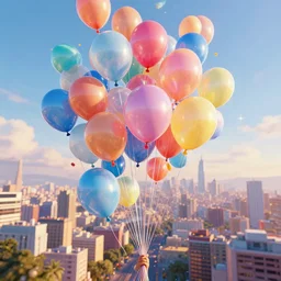 plenty of floating birthday balloons. beautiful city. digital art, highly - detailed, artstation cgsociety masterpiece