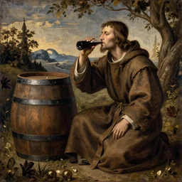 medieval painting of a monk drinking wine next to a barrel, in the style of da Vinci