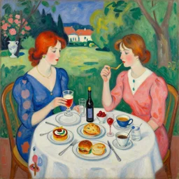 a fancy breakfast scene at a country club by henri matisse and linda wilder, oil painting, highly detailed, saturated colors 4 k