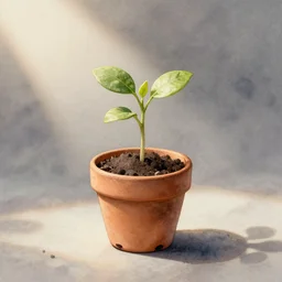 watercolor art tiny plant sprouting in cute pot