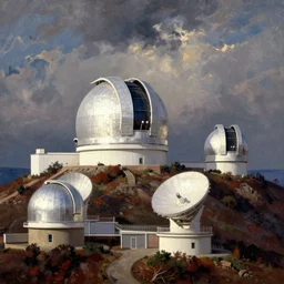 Modern Spanish observatory of multiple telescopes scattered across the mountaintop  painted in romantic style by Martinus Rørbye