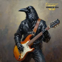 oil painting of a photorealistic anthropomorphic crow guitarist, trending on artstation, masterpiece, award winning