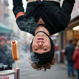 closeup portrait man in ninja costume upside down trying to sell hotdogs in a smoky new york back street, by Annie Leibovitz and Steve McCurry, natural light, detailed face, CANON Eos C300, ƒ1.8, 35mm, 8K, medium-format print