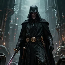 evil sith warrior, futuristic steampunk city, hyper - realism, detailed, menacing, grim, dark, tim burton, masterpiece