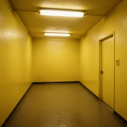 the backrooms, walls with a monochromatic tone of yellow with moist carpet and buzzing fluorescent lights, extremely high detail, photo realistic, post processed, cinematic, 8k UHD