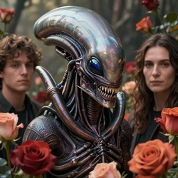 a stunning ultra detailed fantasy fine art portrait photo of a xenomorph from alien movie, surrounded by roses, by tom bagshaw, james jean and natalie shau, 3 5 mm lens, golden ratio composition, deep depth of field, perfect eyes and face, cyberpunk, soft lighting, artstation, 8 k