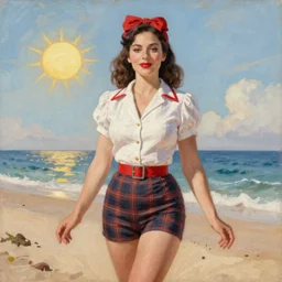 realistic photo, woman, dressed in pin up style, beach, sun, stylish, proportional, greg hildebrandt fancy rococo baroque regal oil painting high quality