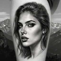 tattoo design sketch of an extremely beautiful woman face with a stunning mountain view faded background on her side, hyper - realistic, double exposure effect, in the style of matteo pasqualin, amazing detail, black and white, faded