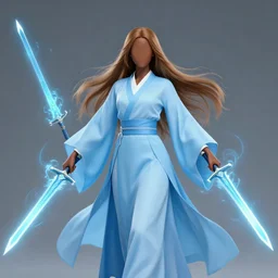 Attractive 40 years old woman, Illusion master, Sky blue Robes, censored, light brown straight hair, dark brown skin, floating energy swords, high fantasy, trending in artstation, artstationHD, artstationHQ, cgsociety