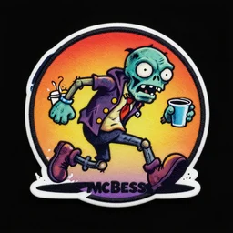 logo design, zombie chasing coffee, patch logo, by mcbess, full colour print, gradients, 1 9 6 0 s, high detail