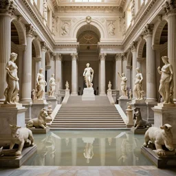 photo piranessi symmetry of flooded vast infinite neoclassic halls and beautiful human statues myriad of huge marble staircases minotaur gods helenistic classic statues sculptures decrepit derelict abandoned - t