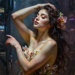 a beautifully detailed closeup portrait painting of a flower goddess in a sensual pose, dramatic lighting, in the style of dan mumford artwork, in the background a futuristic cyberpunk city with lit windows is seen.