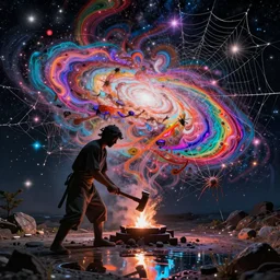 a galaxy exploding, psychedelic colors, a blacksmith swinging his hammer at his forge, realistic reflections, stars, psychedelic patterns, fractal, rippling fabric of reality, the spider that weaves the web of time, a sense of movement