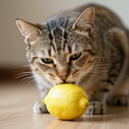 a cat eating a lemon