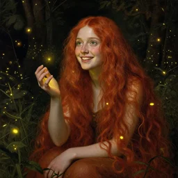 infp young woman, smiling, amazed by golden fireflies lights, sitting in the midst of nature fully covered, long loose red hair, intricate linework, green eyes, small nose with freckles, oval shape face, realistic, expressive emotions, dramatic lights mystical scene, hyper realistic ultrafine art by artemisia gentileschi, albert bierstadt, artgerm