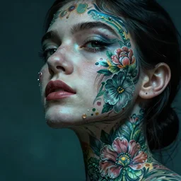 hyperrealistic hyper detailed close-up portrait of woman covered in rococo flower tattoos matte painting concept art key sage very dramatic dark teal lighting low angle hd 8k sharp 35mm shallow depth of field