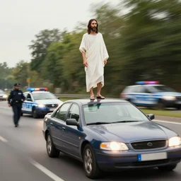 jesus standing on the top of a speeding car being chased by police
