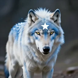 a giant blue wolf with a white main and two unicorn horns, a white star shape on his forehead, yellow eyes, beautiful, ultra realistic, great wolf, unreal engine 5, dynamic lighting, highly detailed, lightning around