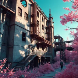 a beautiful ultradetailed illustration of architecture industrial architecture urbex unfinished building abandoned villa by owen d. pomery, infrared dieselpunk scumm bar futuristic postcyberpunk sunlight cgsociety, archdaily, wallpaper, highly detailed, trending on artstation.