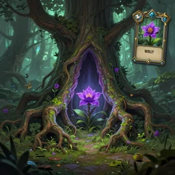 arcane style forest tree root trap, root trap, bright art masterpiece artstation. 8k, sharp high quality artwork in style of Jose Daniel Cabrera Pena and Greg Rutkowski, concept art by Tooth Wu, blizzard warcraft artwork, hearthstone card game artwork, violet flower, violet flower, violet flower, portal