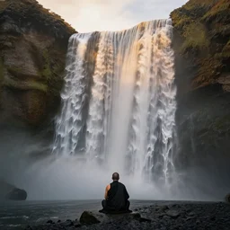 dang ngo, annie leibovitz, steve mccurry, a simply breathtaking shot of mediating monk in black, giantic waterfall, golden hour, golden ratio, wide shot, symmetrical